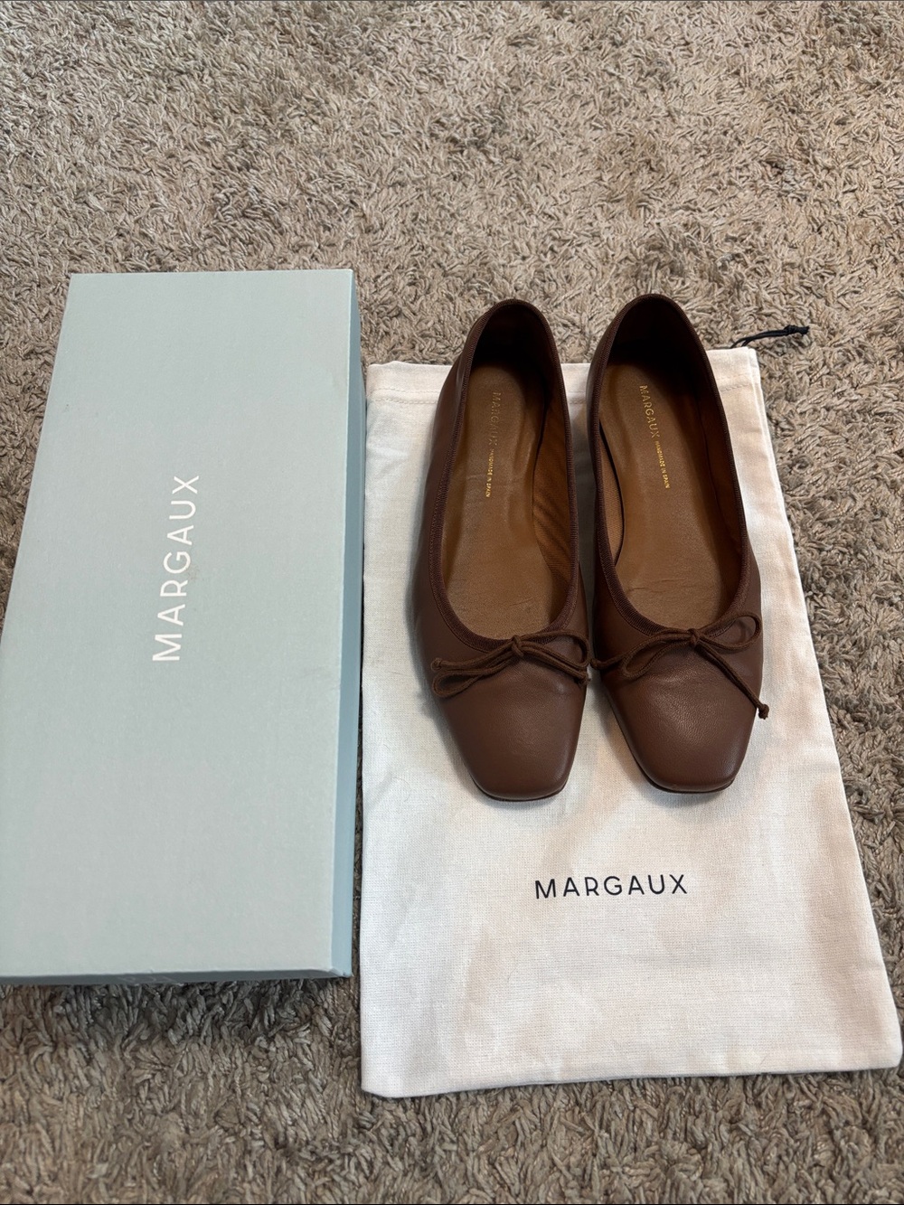 Margaux Fonteyn in Cognac Nappa Leather Square-Toe Ballet Flats, 37.5 Wide.